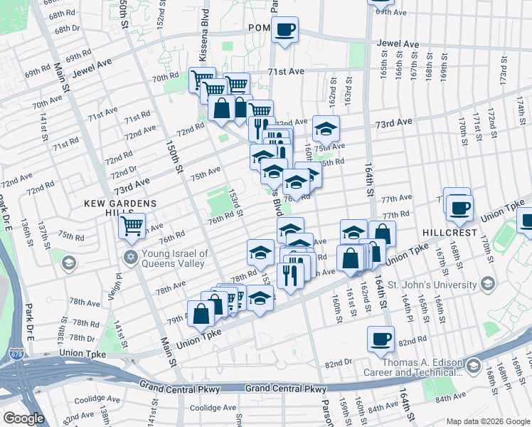 map of restaurants, bars, coffee shops, grocery stores, and more near 153-39 77th Avenue in Queens