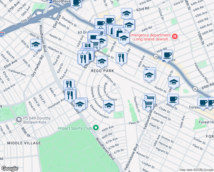 map of restaurants, bars, coffee shops, grocery stores, and more near 62-31 Boelsen Crescent in Queens
