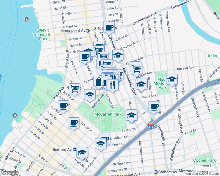 map of restaurants, bars, coffee shops, grocery stores, and more near 649 Manhattan Avenue in Brooklyn