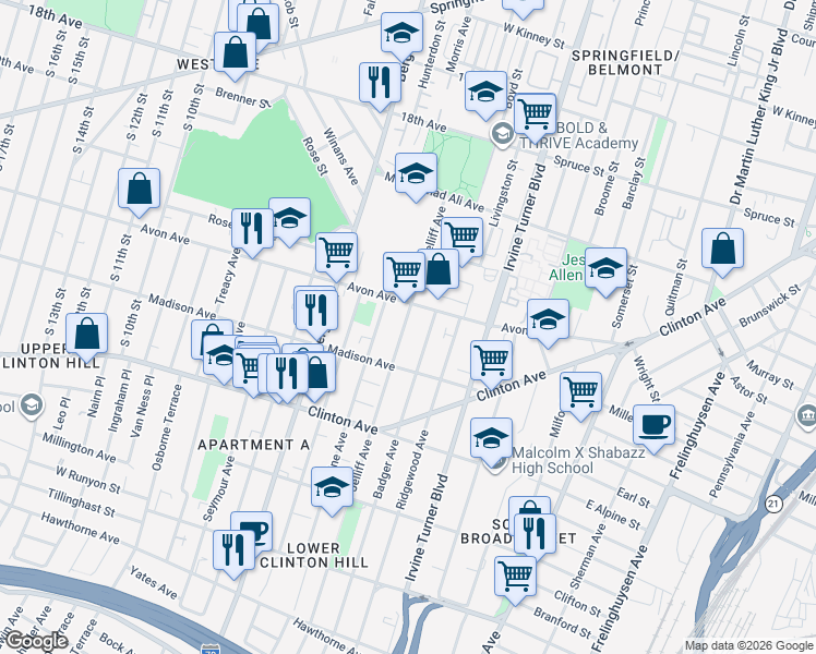 map of restaurants, bars, coffee shops, grocery stores, and more near 162-170 Jelliff Avenue in Newark
