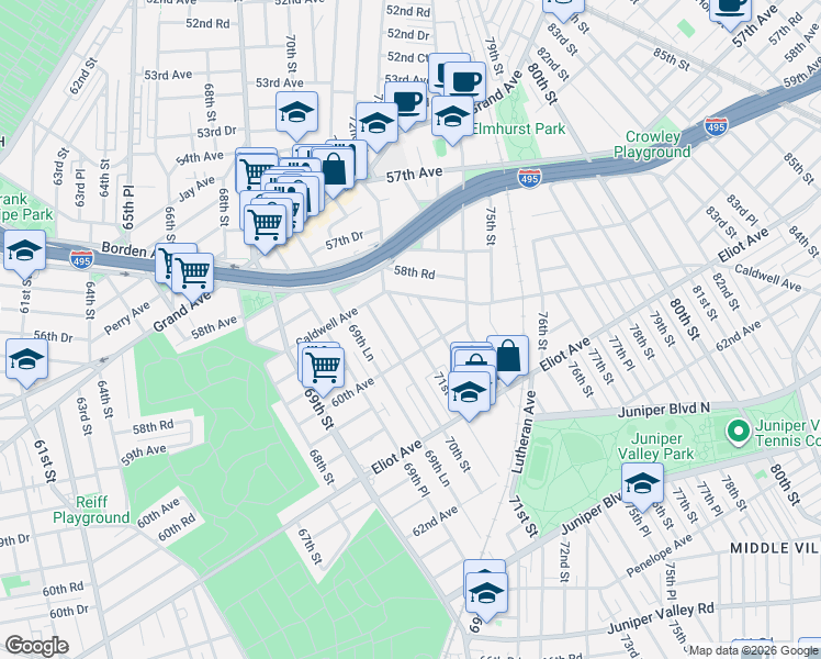 map of restaurants, bars, coffee shops, grocery stores, and more near 59-45 70th Street in Queens