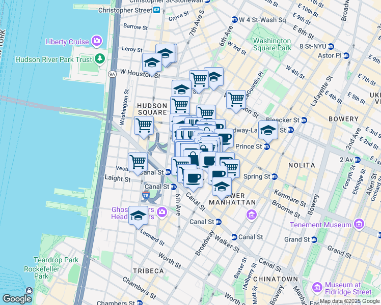 map of restaurants, bars, coffee shops, grocery stores, and more near 529 Broome Street in New York