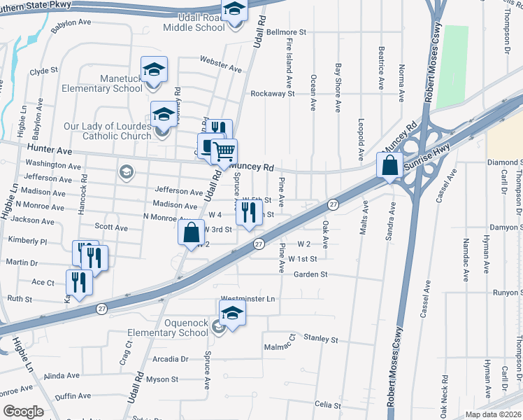 map of restaurants, bars, coffee shops, grocery stores, and more near 249 West 4th Street in West Islip