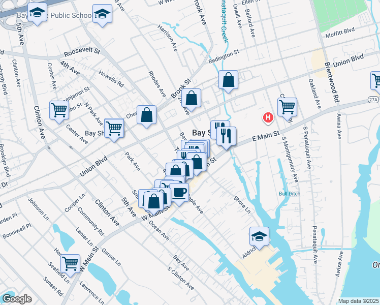 map of restaurants, bars, coffee shops, grocery stores, and more near 10 Shore Lane in Bay Shore