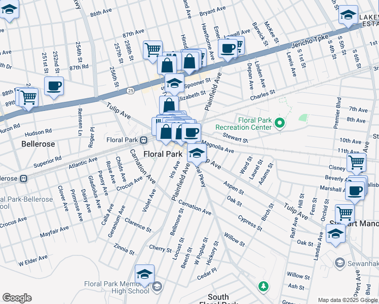 map of restaurants, bars, coffee shops, grocery stores, and more near 21 Floral Parkway in Floral Park