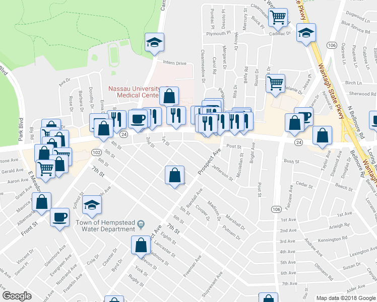 map of restaurants, bars, coffee shops, grocery stores, and more near 2262 Jefferson Street in East Meadow