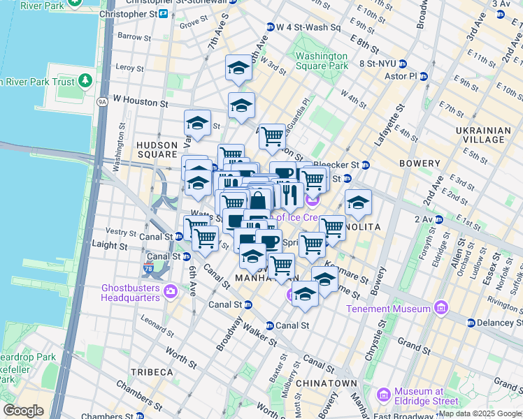 map of restaurants, bars, coffee shops, grocery stores, and more near in New York