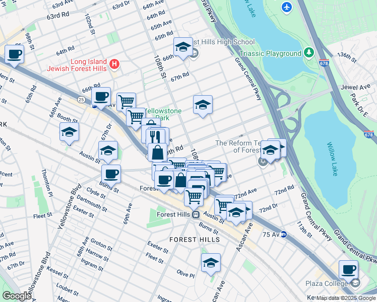 map of restaurants, bars, coffee shops, grocery stores, and more near 107-19 70th Avenue in Queens