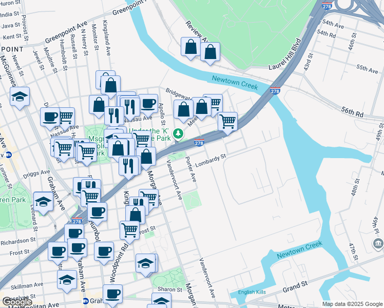map of restaurants, bars, coffee shops, grocery stores, and more near 53 Anthony Street in Brooklyn