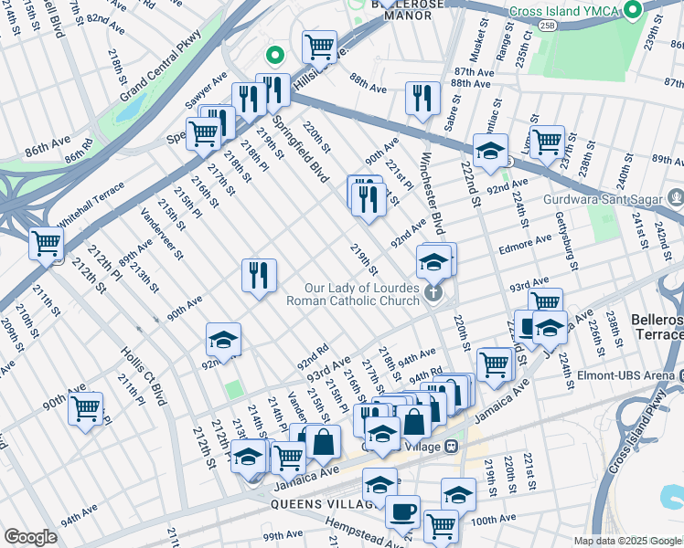 map of restaurants, bars, coffee shops, grocery stores, and more near 91-37 218th Street in Queens