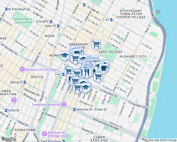 map of restaurants, bars, coffee shops, grocery stores, and more near 36 Avenue A in New York