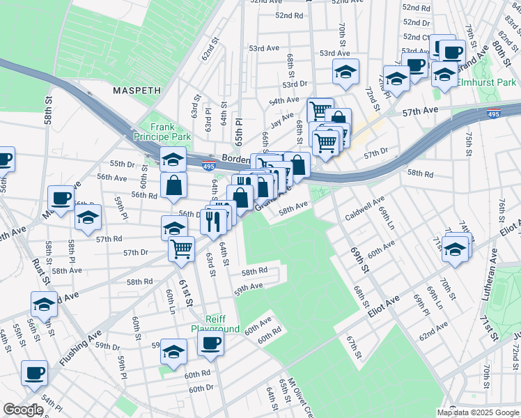 map of restaurants, bars, coffee shops, grocery stores, and more near 65-46 Grand Avenue in Queens