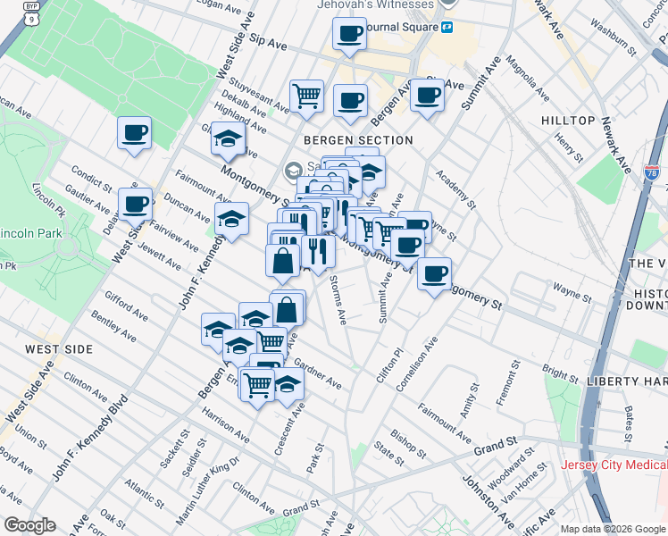 map of restaurants, bars, coffee shops, grocery stores, and more near 254 Monticello Avenue in Jersey City
