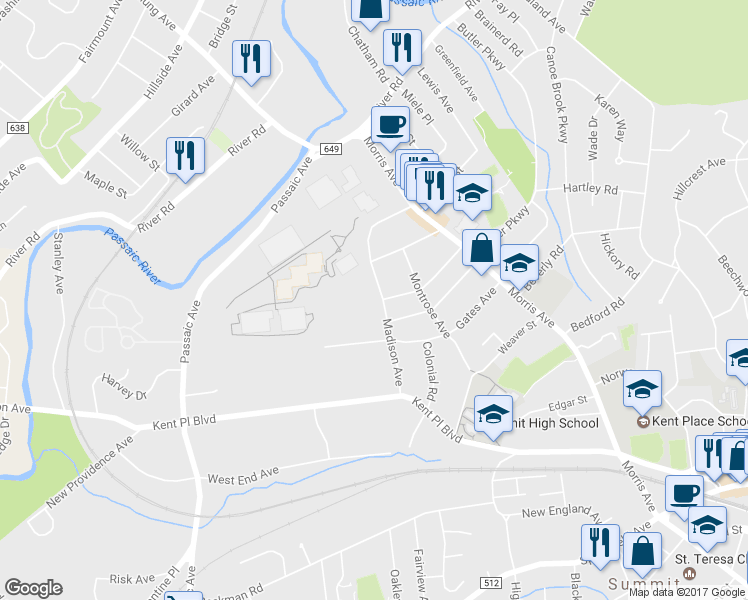 map of restaurants, bars, coffee shops, grocery stores, and more near 40 Madison Avenue in Summit