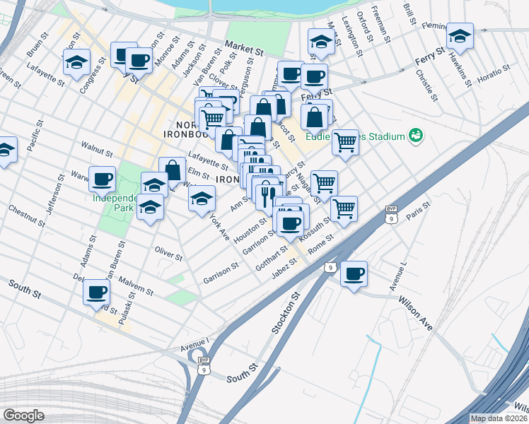 map of restaurants, bars, coffee shops, grocery stores, and more near 104 Houston Street in Newark
