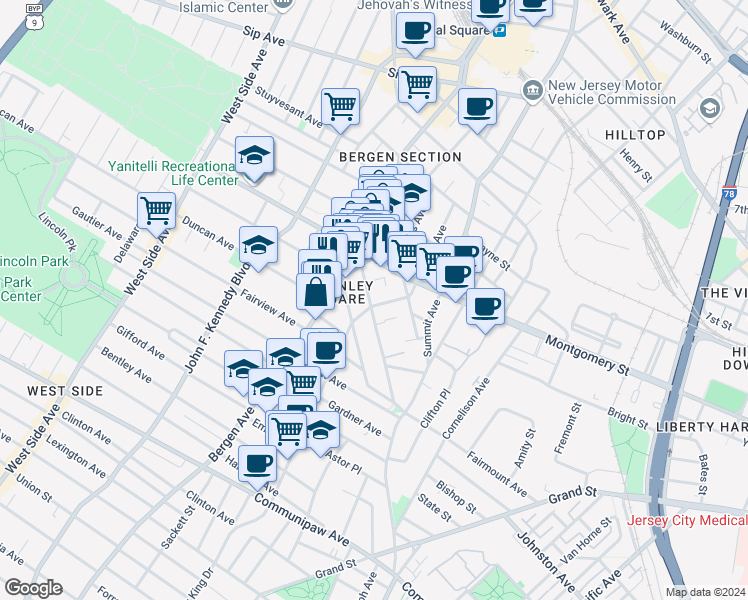 map of restaurants, bars, coffee shops, grocery stores, and more near 106 Storms Avenue in Jersey City