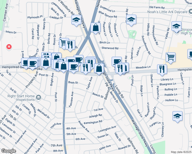 map of restaurants, bars, coffee shops, grocery stores, and more near 9 Diamond Avenue in East Meadow
