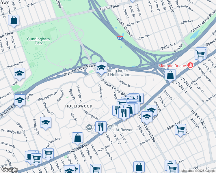 map of restaurants, bars, coffee shops, grocery stores, and more near 86-70 Francis Lewis Boulevard in Queens