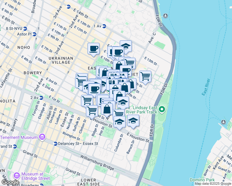 map of restaurants, bars, coffee shops, grocery stores, and more near 637 East 6th Street in New York