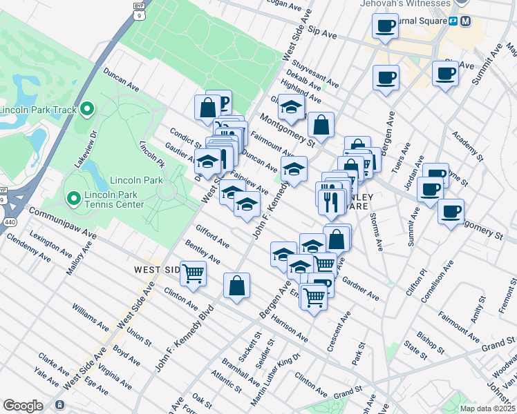 map of restaurants, bars, coffee shops, grocery stores, and more near 2530 John F. Kennedy Boulevard in Union City