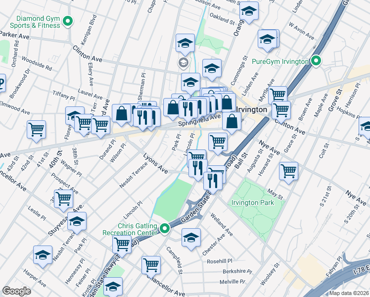 map of restaurants, bars, coffee shops, grocery stores, and more near 10-12 Weber Place in Irvington