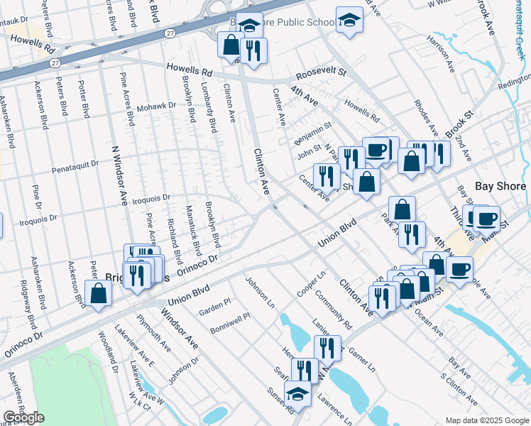 map of restaurants, bars, coffee shops, grocery stores, and more near 1 Orinoco Drive in Brightwaters