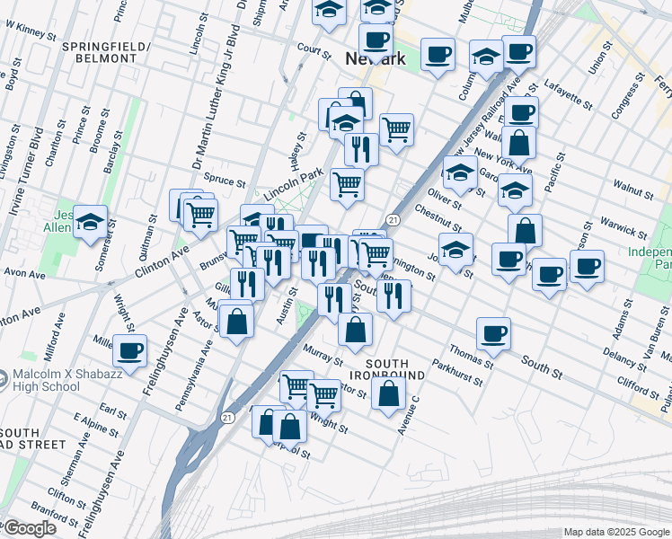 map of restaurants, bars, coffee shops, grocery stores, and more near 73 Newark Street in Newark