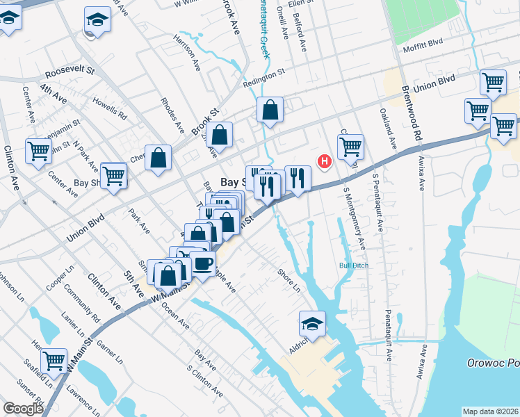 map of restaurants, bars, coffee shops, grocery stores, and more near 119 New York 27A in Bay Shore