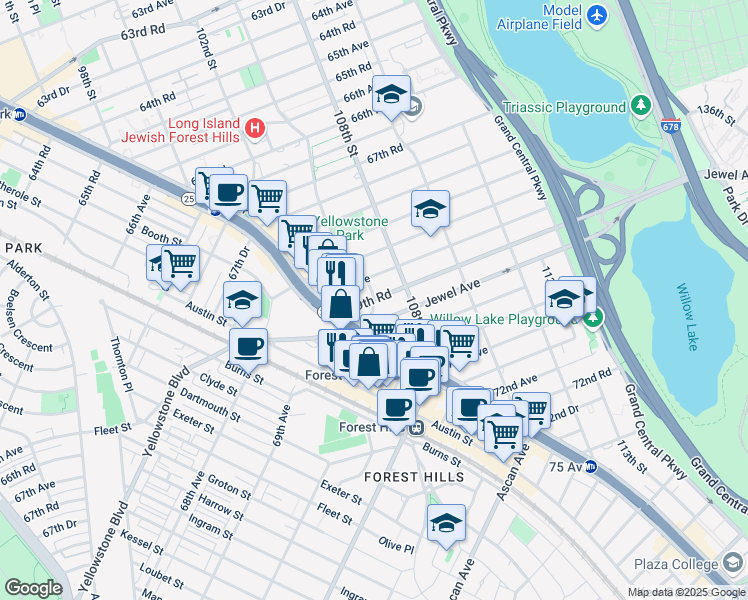 map of restaurants, bars, coffee shops, grocery stores, and more near Harry Van Arsdale Jr Ave & Yellowstone Blvd in Queens