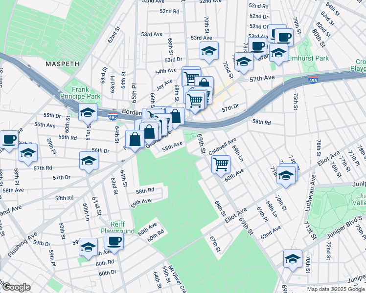 map of restaurants, bars, coffee shops, grocery stores, and more near 58-08 Brown Place in Queens