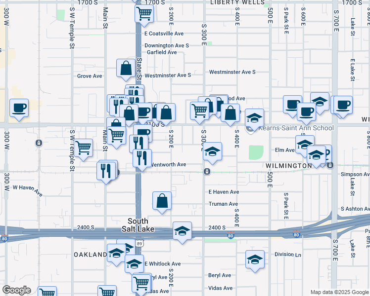 map of restaurants, bars, coffee shops, grocery stores, and more near 2174 South 300 East in Salt Lake City