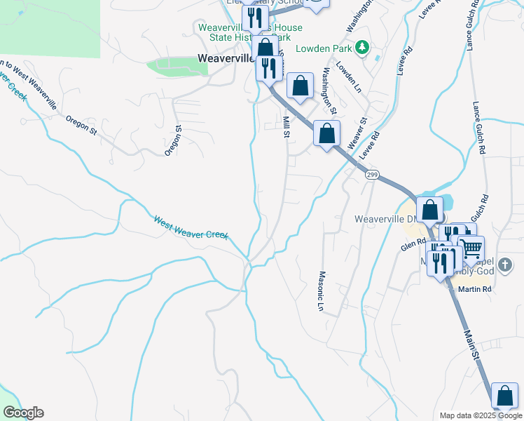 map of restaurants, bars, coffee shops, grocery stores, and more near 1-1045 Lower Mill St in Weaverville