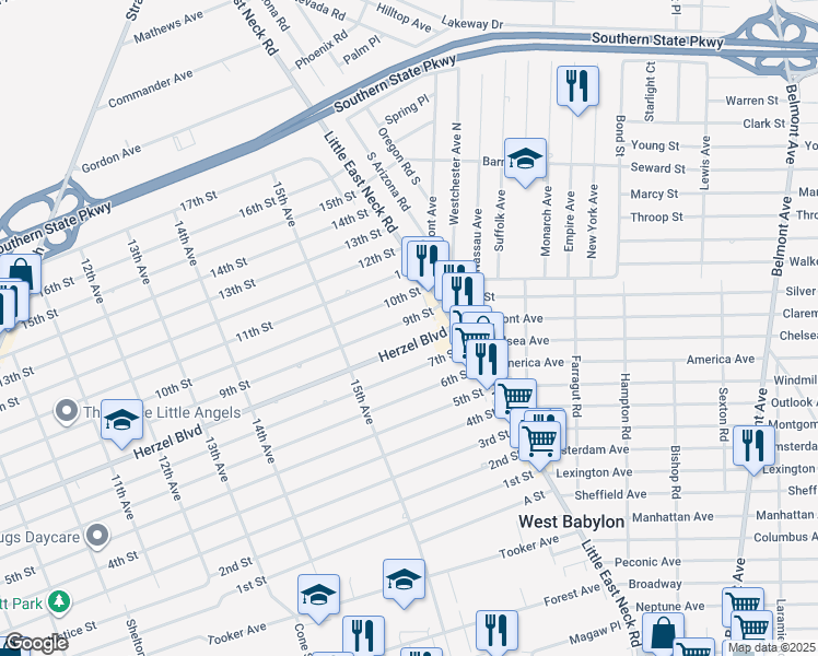 map of restaurants, bars, coffee shops, grocery stores, and more near 1558 Herzel Boulevard in West Babylon