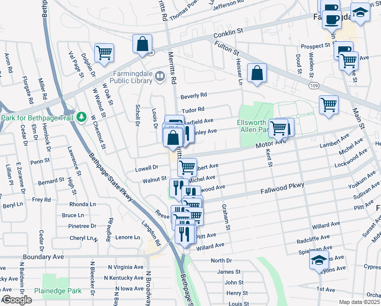 map of restaurants, bars, coffee shops, grocery stores, and more near 195 Merritts Road in South Farmingdale