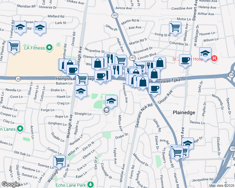 map of restaurants, bars, coffee shops, grocery stores, and more near 76 Longfellow Avenue in Levittown