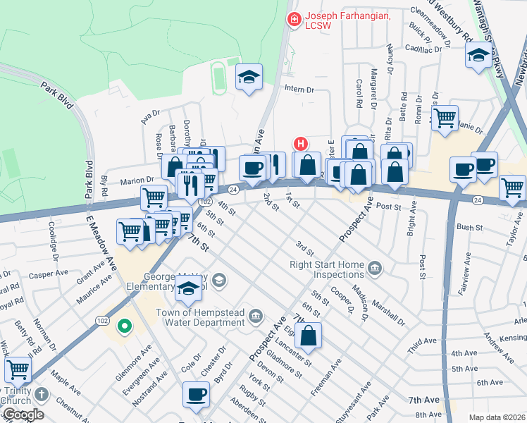map of restaurants, bars, coffee shops, grocery stores, and more near 2207 3rd Street in East Meadow