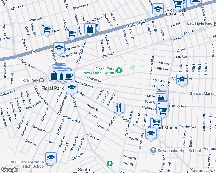 map of restaurants, bars, coffee shops, grocery stores, and more near 60 Laurel Street in Floral Park