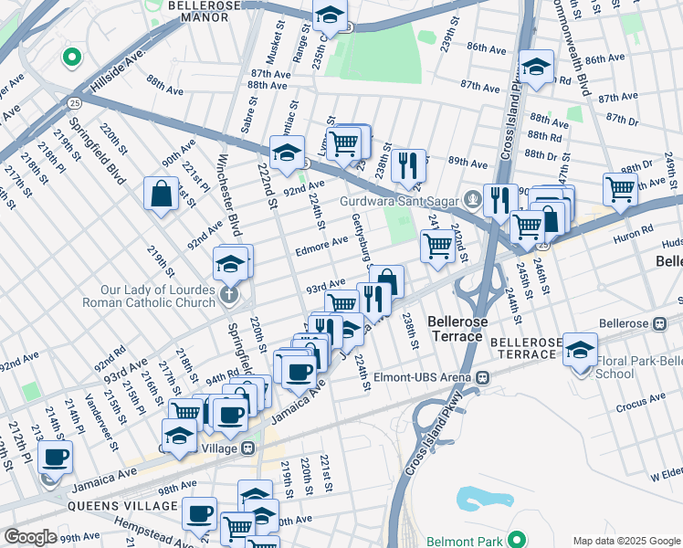 map of restaurants, bars, coffee shops, grocery stores, and more near 224-16 93rd Avenue in Queens