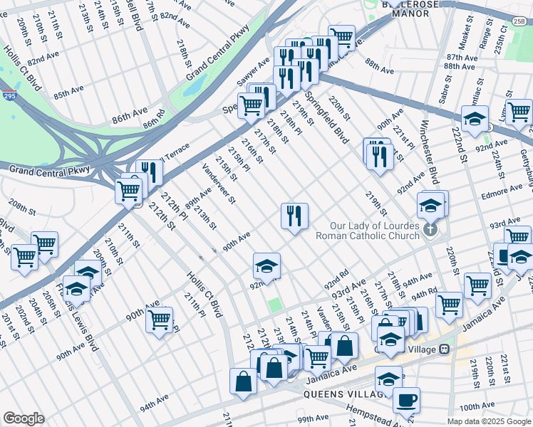 map of restaurants, bars, coffee shops, grocery stores, and more near 90-07 215th Street in Queens
