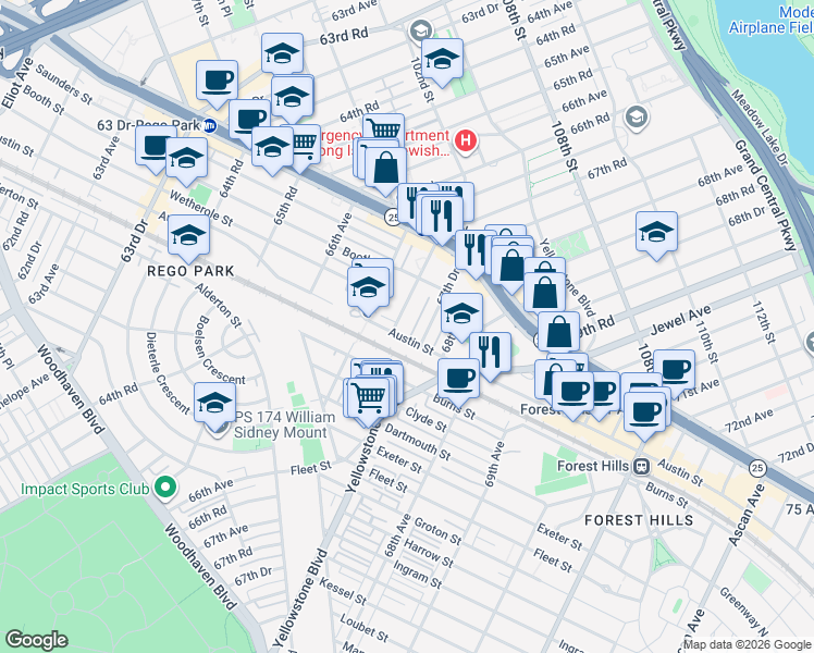 map of restaurants, bars, coffee shops, grocery stores, and more near 9906 67th Road in Queens