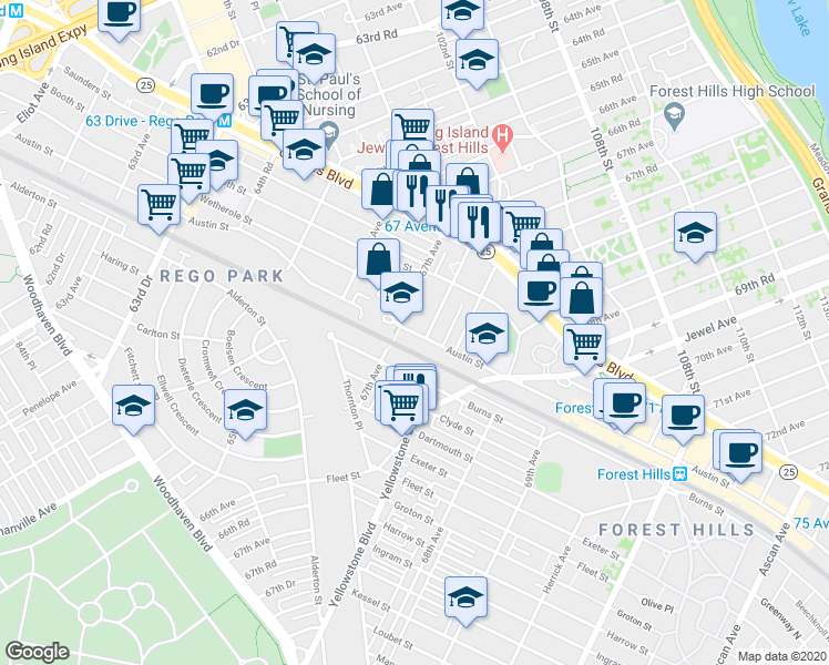 map of restaurants, bars, coffee shops, grocery stores, and more near 97-14 67th Avenue in Queens