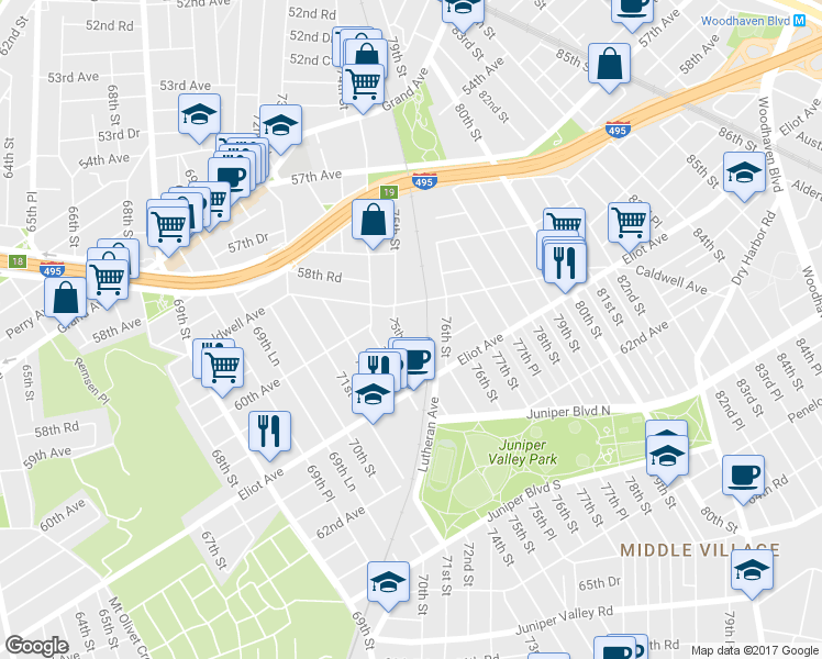 map of restaurants, bars, coffee shops, grocery stores, and more near 60-41 75th Street in Queens