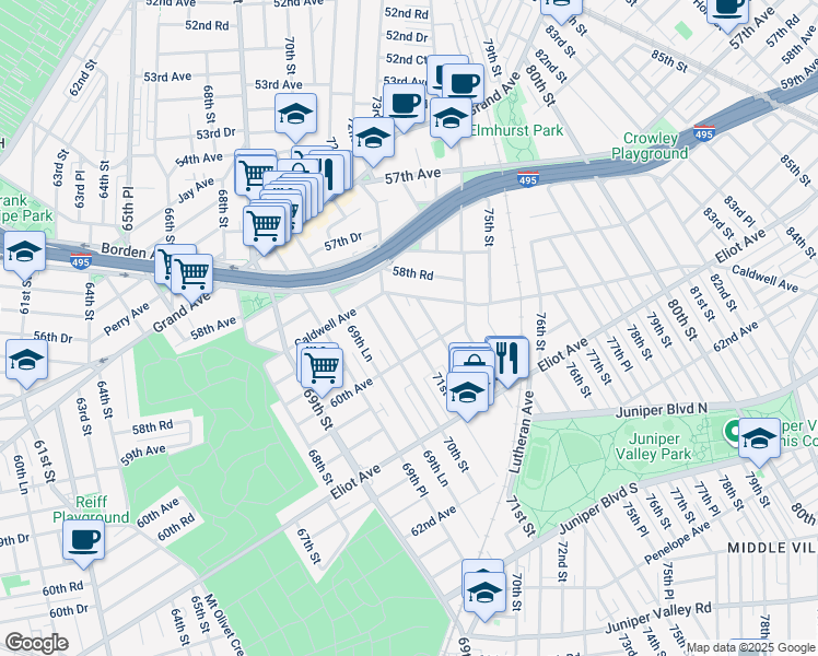 map of restaurants, bars, coffee shops, grocery stores, and more near 59-45 70th Street in Queens