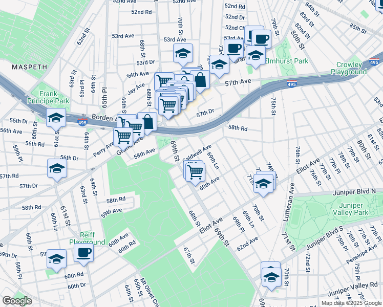 map of restaurants, bars, coffee shops, grocery stores, and more near 69-30 Caldwell Avenue in Queens
