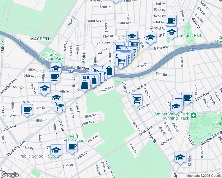 map of restaurants, bars, coffee shops, grocery stores, and more near 58-08 Brown Place in Queens