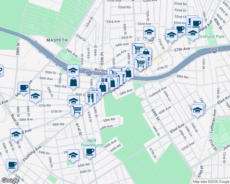 map of restaurants, bars, coffee shops, grocery stores, and more near 65-46 Grand Avenue in Queens