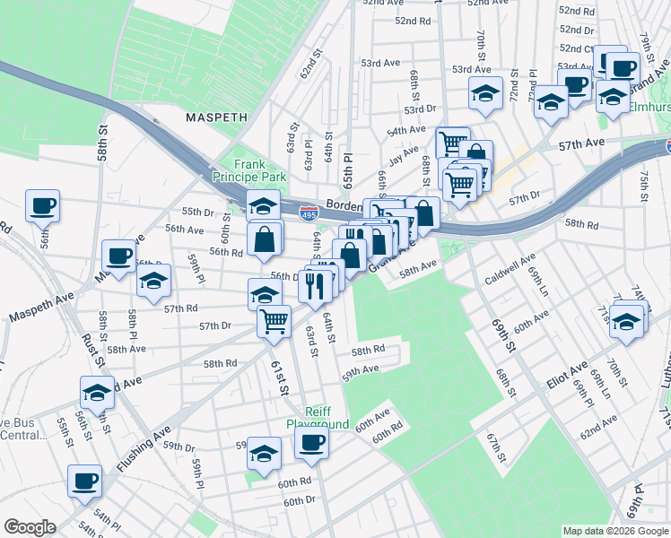 map of restaurants, bars, coffee shops, grocery stores, and more near 65-17 Grand Avenue in Queens