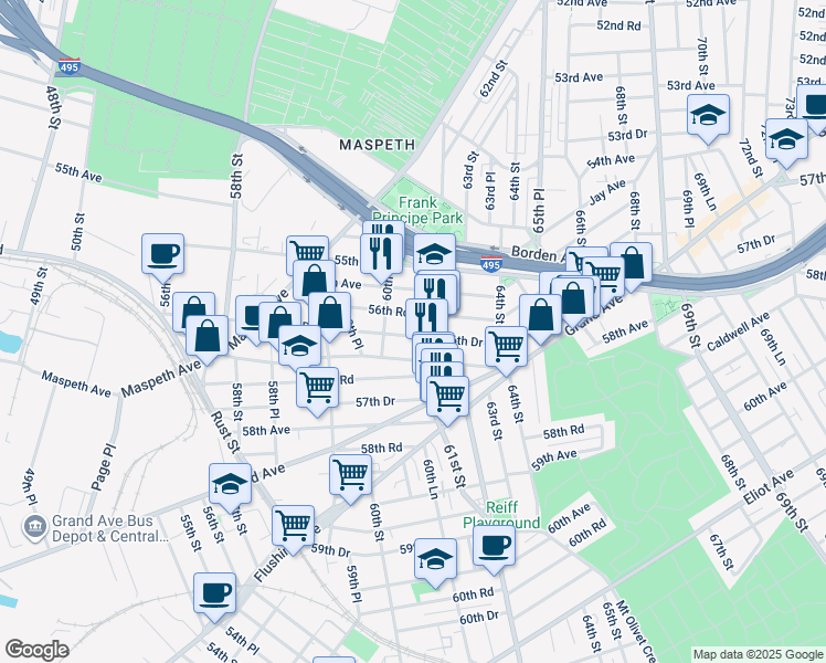 map of restaurants, bars, coffee shops, grocery stores, and more near in Queens