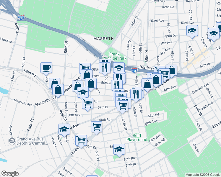 map of restaurants, bars, coffee shops, grocery stores, and more near in Queens