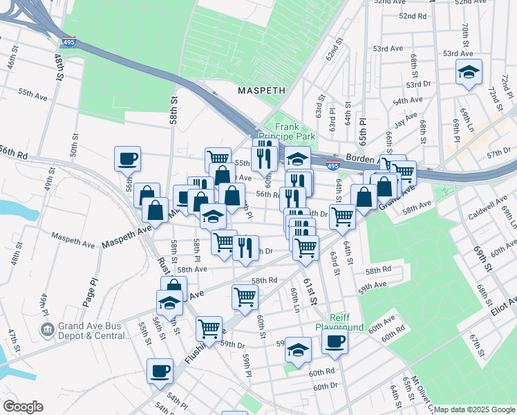 map of restaurants, bars, coffee shops, grocery stores, and more near 56-64 60th Street in Queens